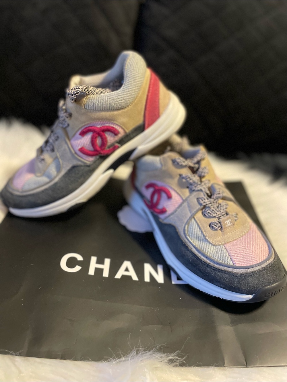 Authentic CHANEL Multicolor Pink & Gray Logo Sneakers